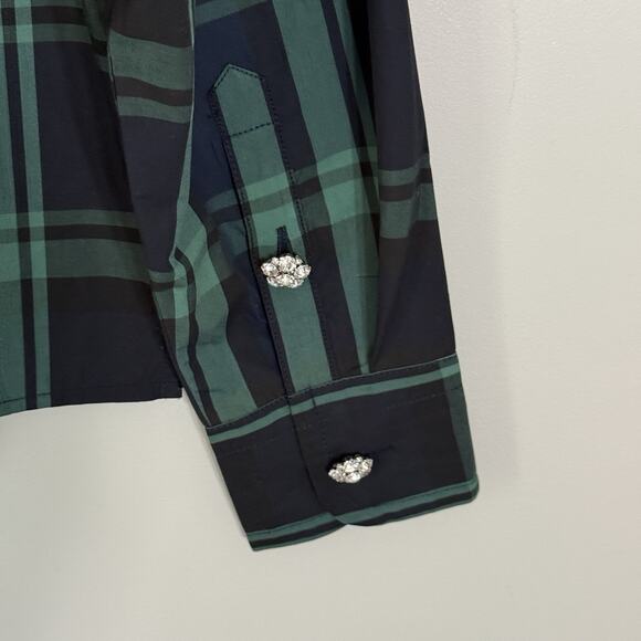 J.Crew Womens Fresco Top Rhinestone Buttons Size S Green Tartan Plaid Academia - Picture 8 of 9